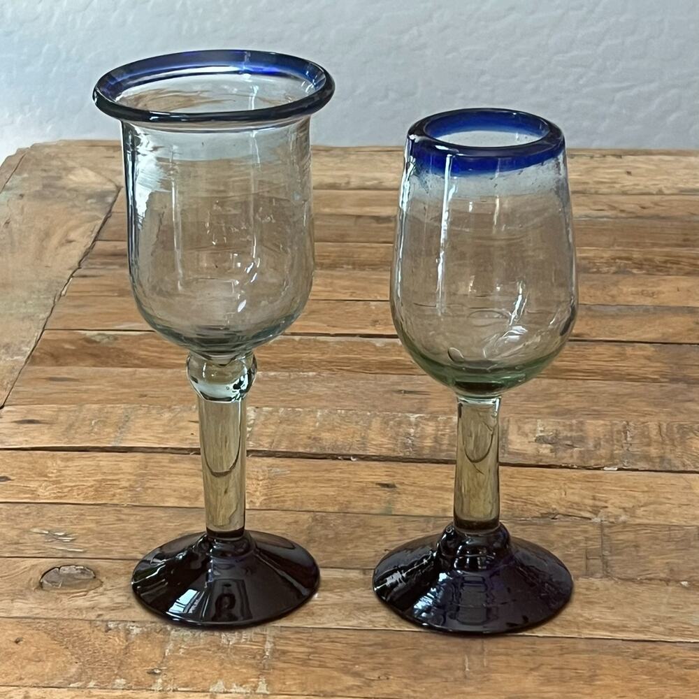 Mexican Hand Blown Goblets Drinking Glasses Cobalt Blue Rim Set of 5 - Picture 11 of 12